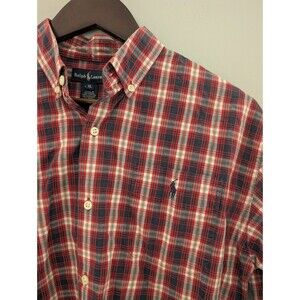 Ralph Lauren Button Down Shirt Men XL Red Blue Plaid Tartan Cotton Long Sleeve